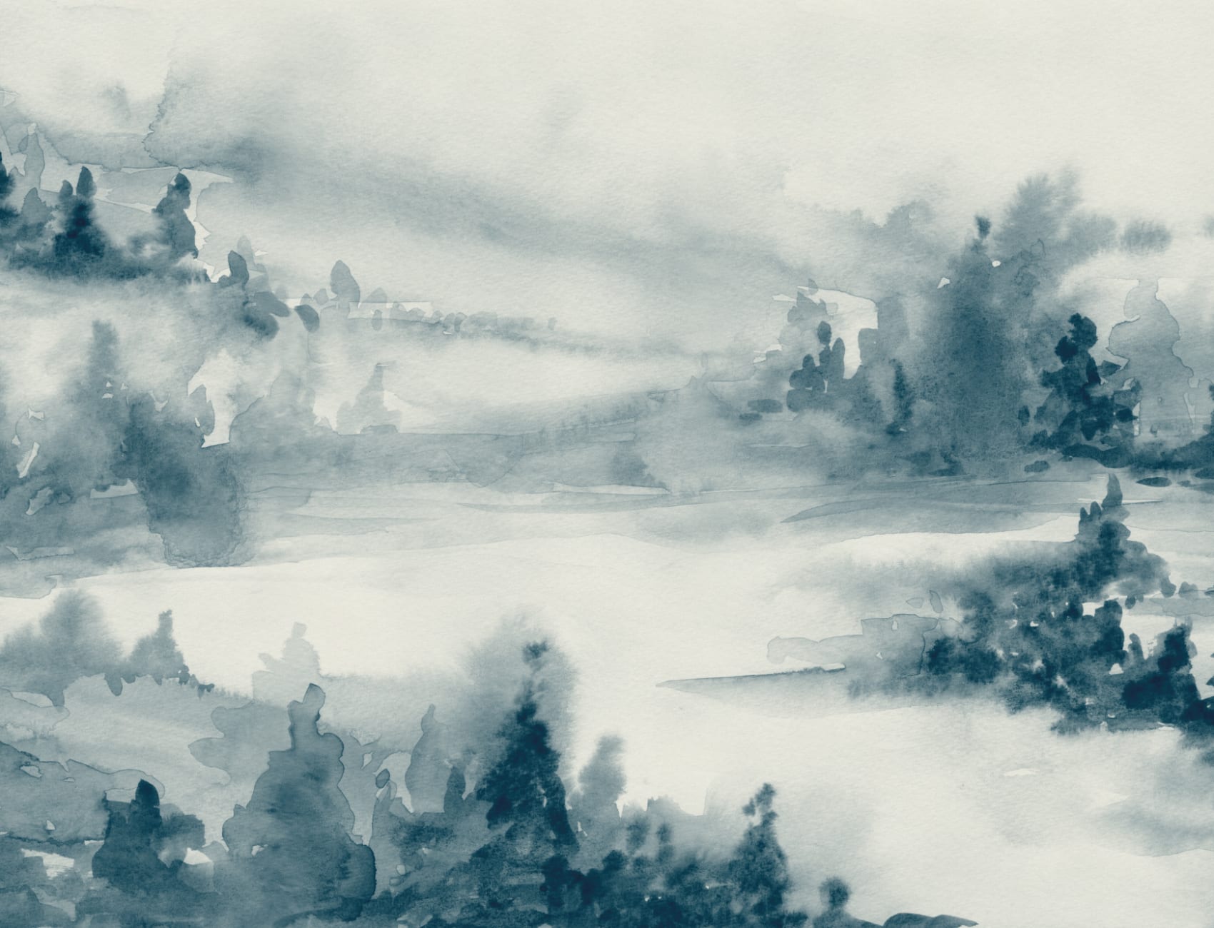Blauwe aquarel Bos Sereniteit muurschildering