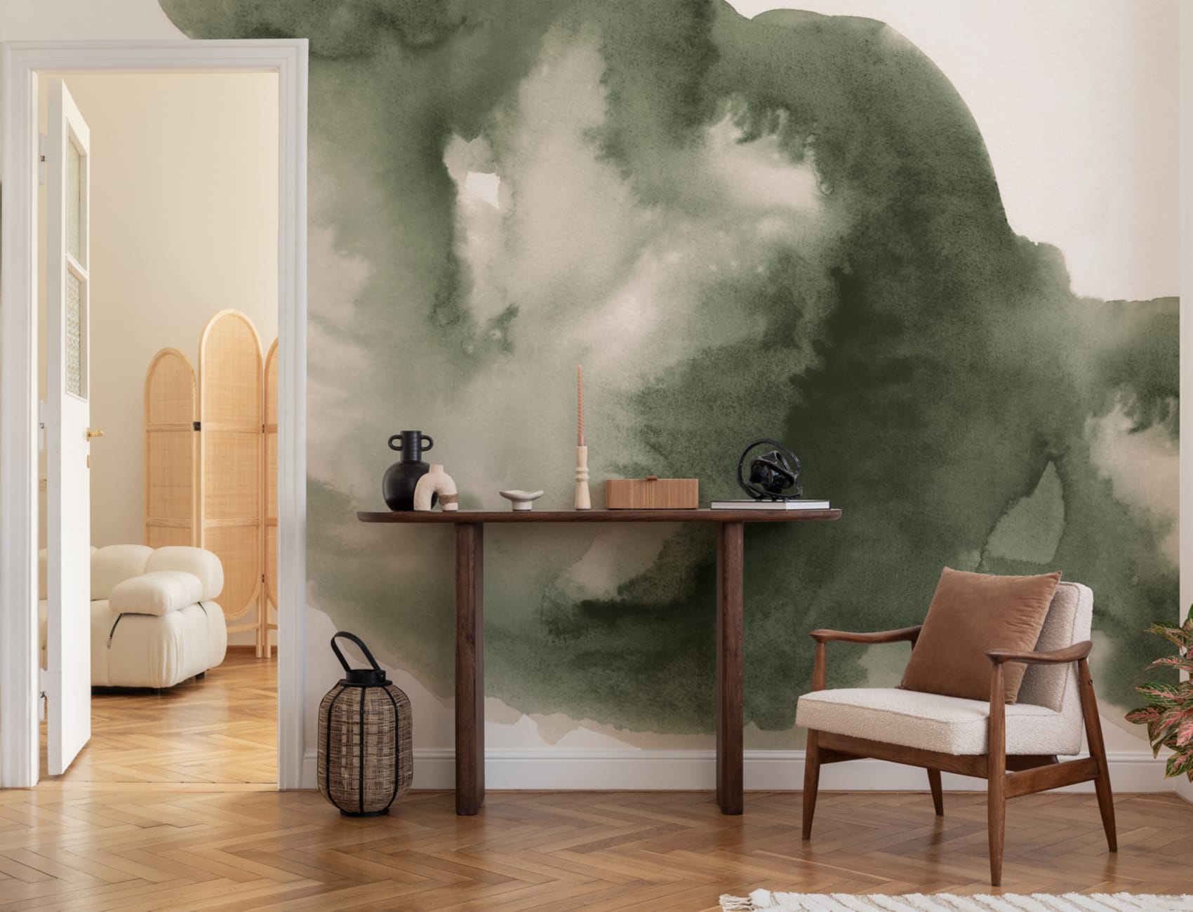 Green Cloudy Abstract Watercolor Mural