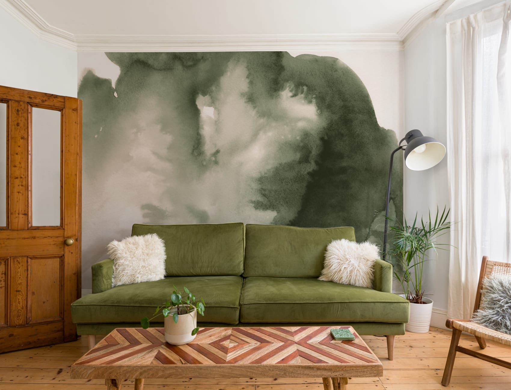 Green Cloudy Abstract Watercolor Mural