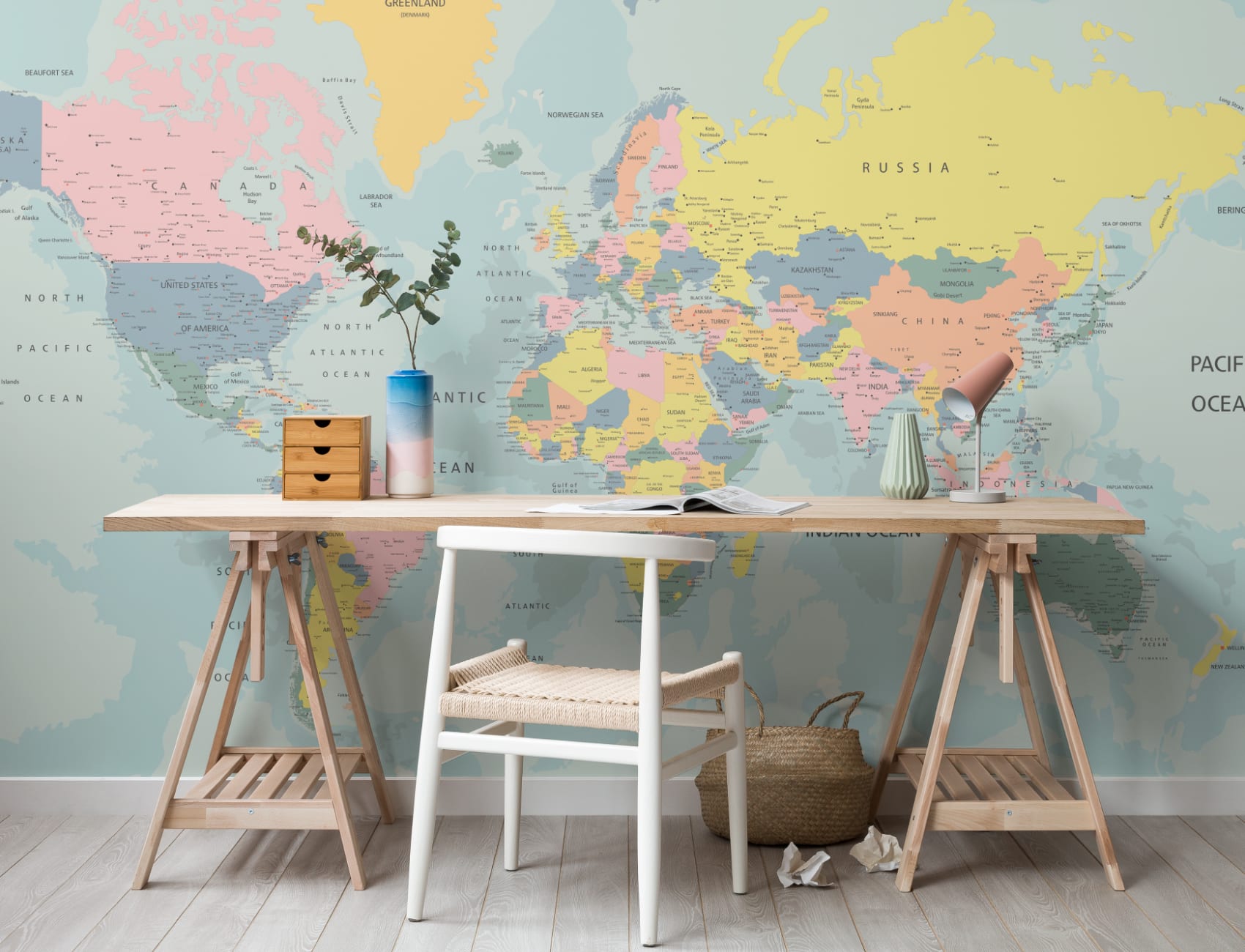 Mural de papel de parede do mapa-mundo em tons pastel