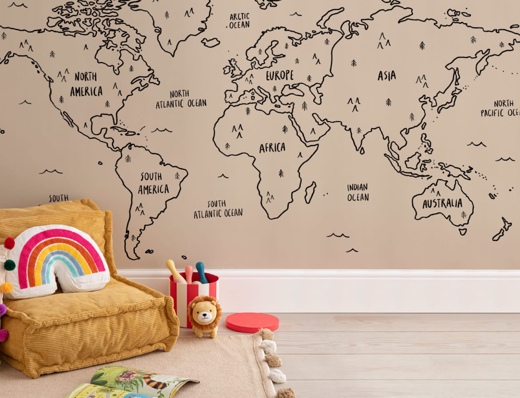 Neutral Illustrated Scandi World Map Wallpaper Mural