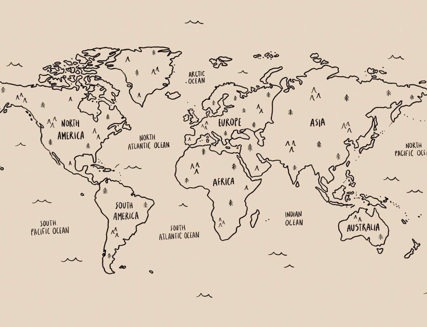 Neutral Illustrated Scandi World Map Wallpaper Mural
