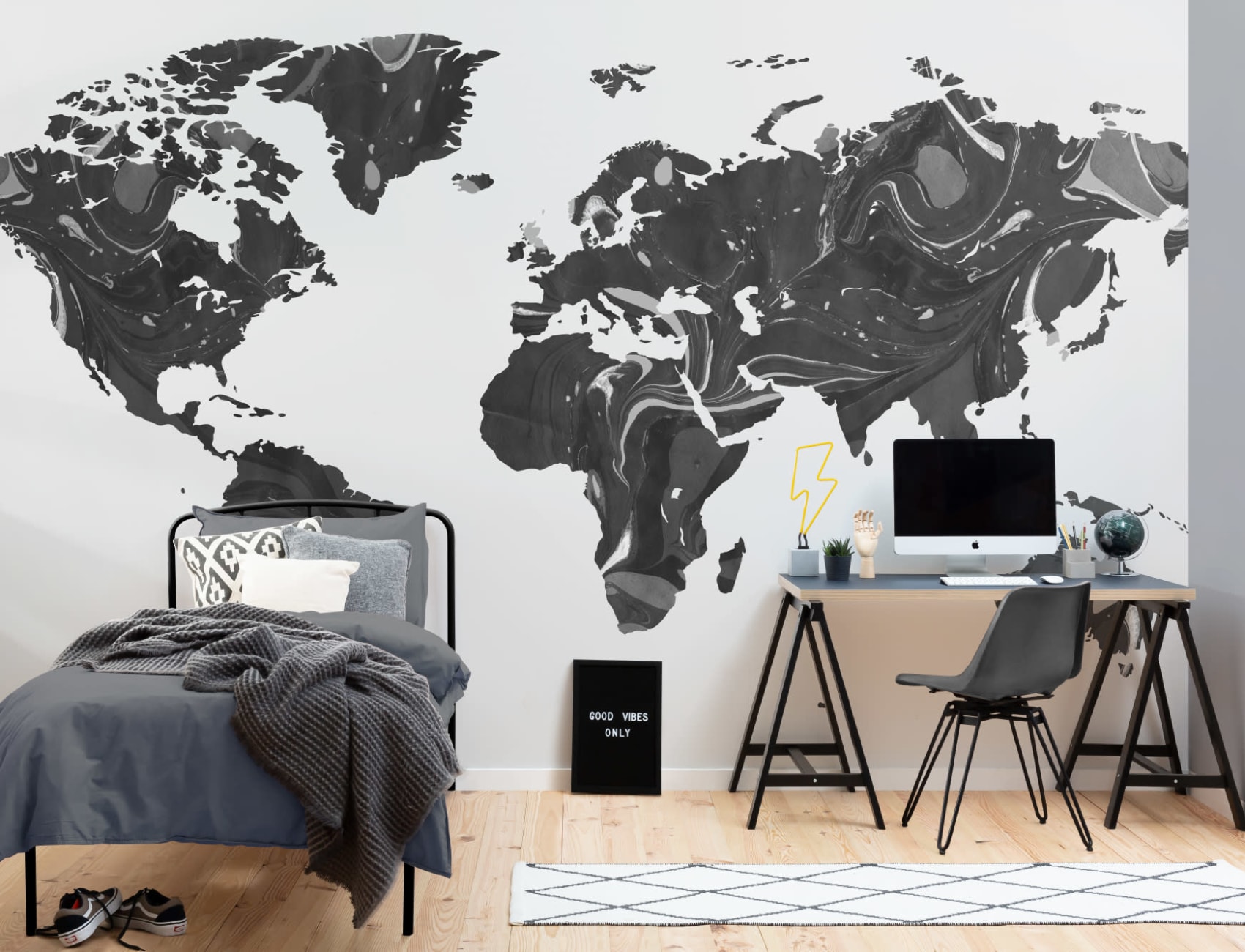Black & Grey Marble Map Wallpaper Mural