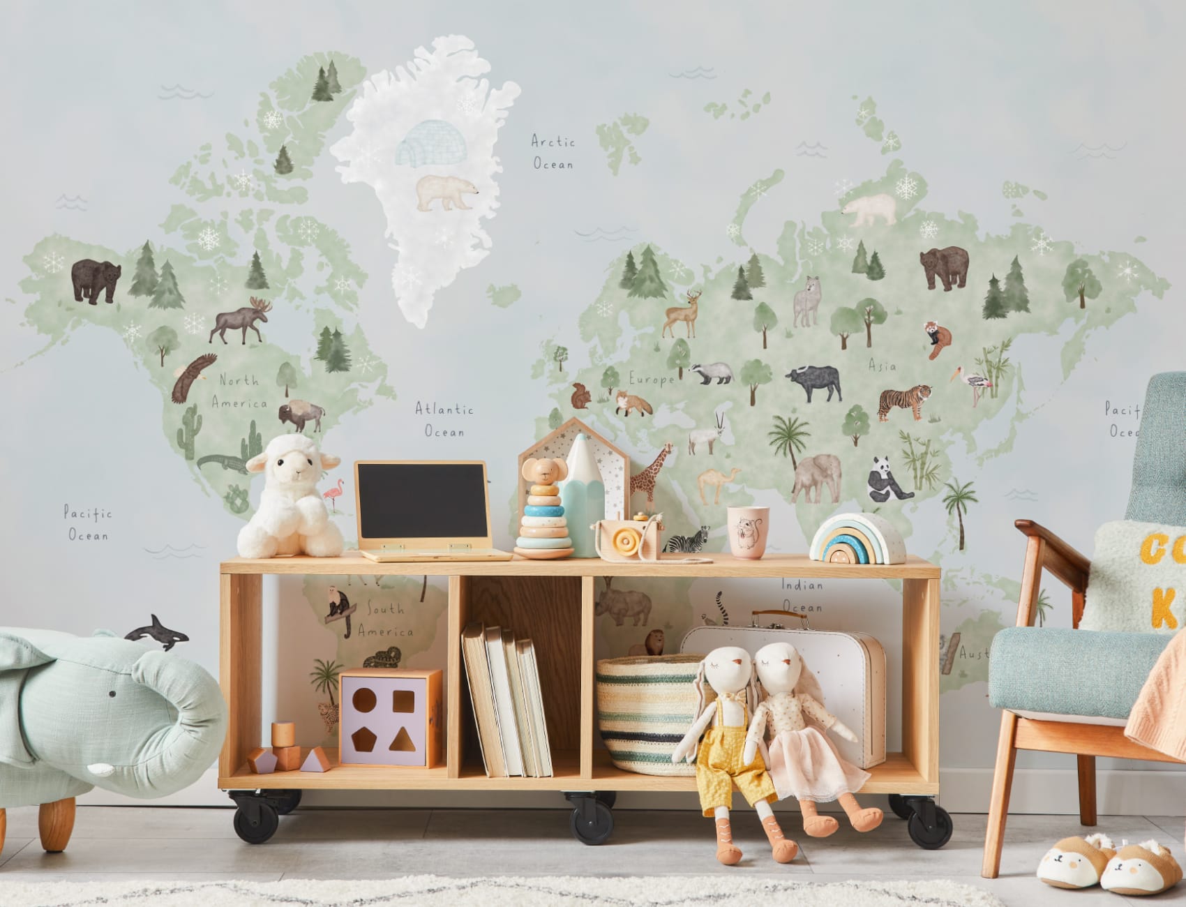 Papel de parede do mapa do mundo dos animais da aguarela azul das crianças Mural