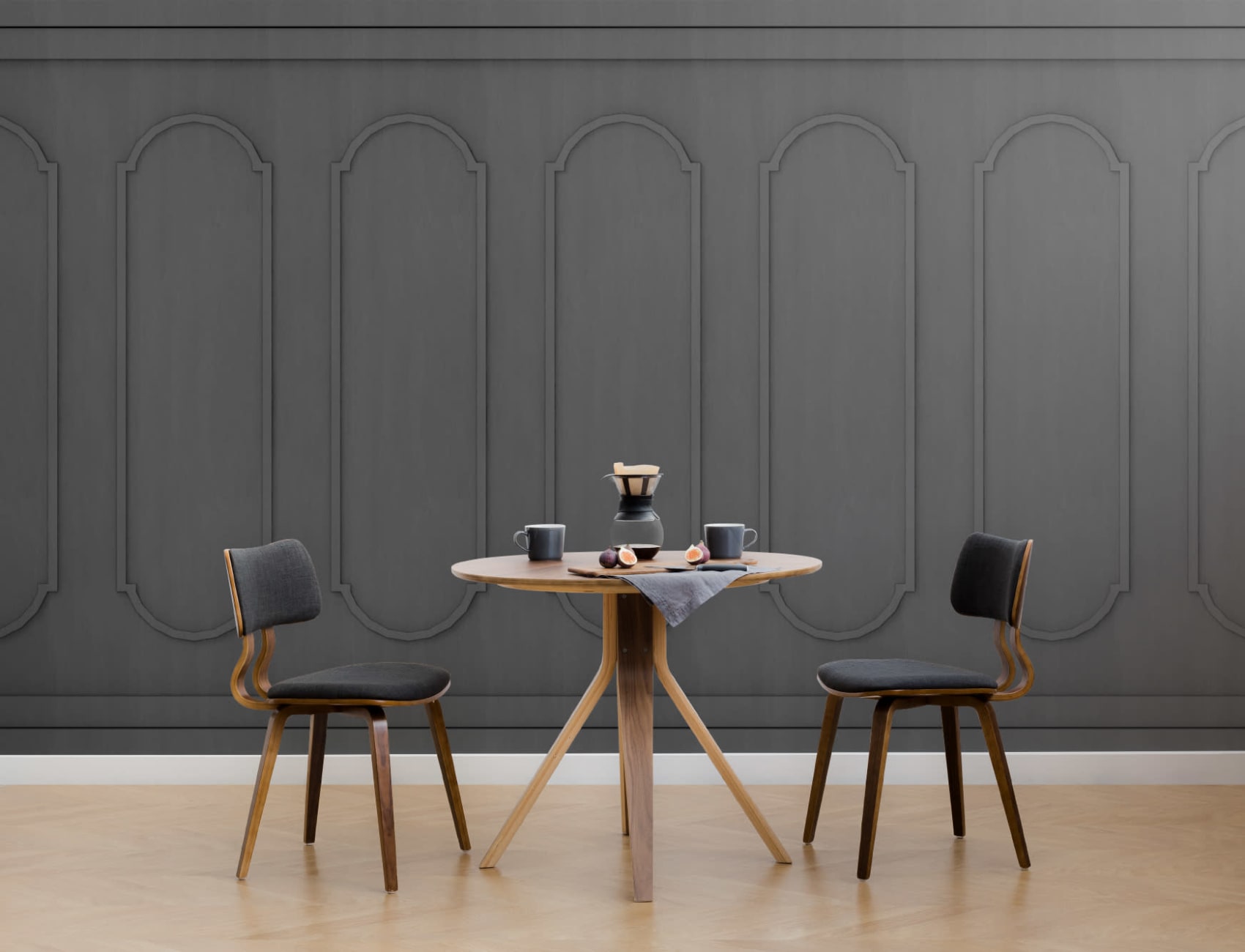 Mural de papel de parede com efeito de painel de madeira georgiano arqueado preto