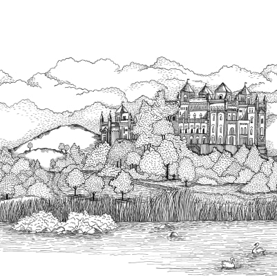 Castle By The Lake, Black & White pattern image