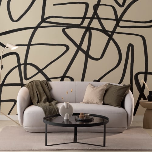 Mural de Papel de Parede Abstrato Bold Black & Beige Doodle