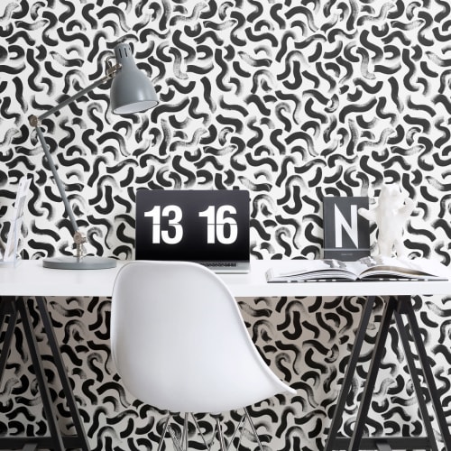 Abstract Black Painted Squiggles Repeat Pattern Wallpaper