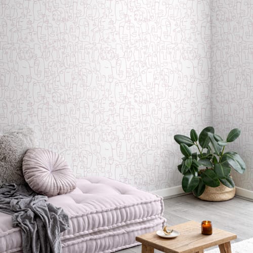 Pink Abstract Face Line Drawing Repeat Pattern Wallpaper