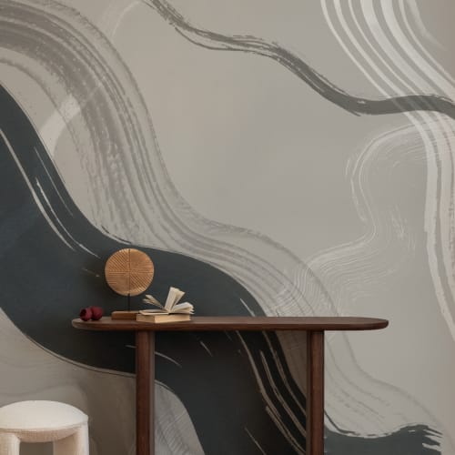 Taupe Abstract Ink Brush Strokes Mural