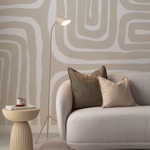 Hand Painted Maze Pattern Modern Geometric Mural in Beige