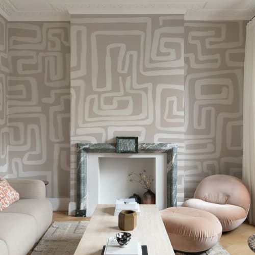 Hand-Painted Maze Pattern Mural in Beige
