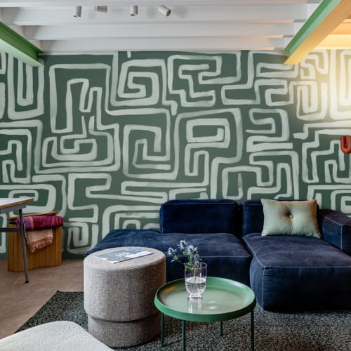 Hand-Painted Maze Pattern Mural in Emerald Green