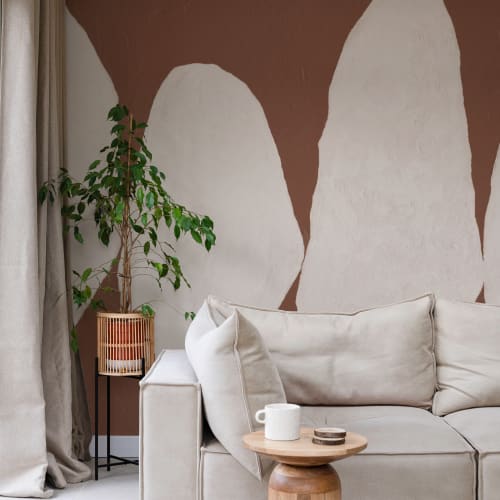 Hand-Painted Organic Form Mural in Warm Terracotta with Textured Plaster Finish