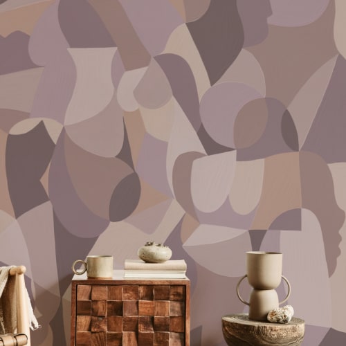 Cubist Human Form Abstract Mural in Purple Tones