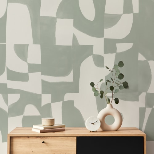 Modern Sage Abstract Wall Mural with Hand-Cut Shapes and Textured Effect