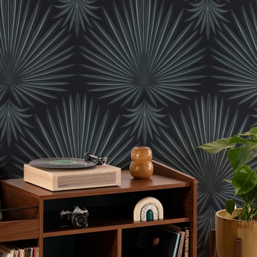 Negru Art Deco Tropical Leaf Repeat Print Wallpaper Mural