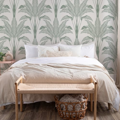 Cream Art Deco Large Tropical Leaves Wallpaper Mural