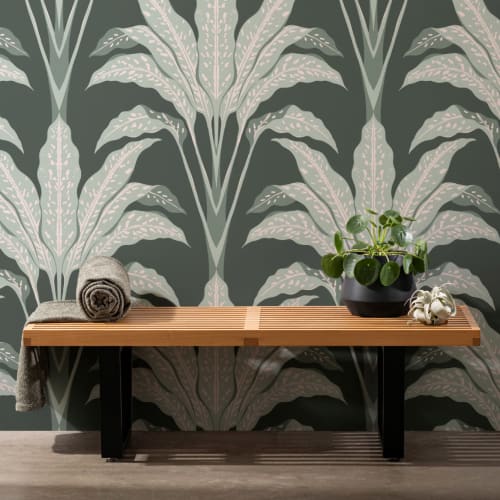 Donkergroen Art Deco Groot Tropisch Bladeren Behang Muurschildering