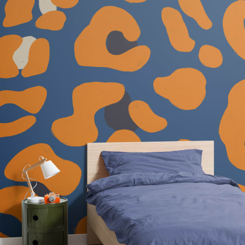 Orange & Blue Leopard Animal Print Wallpaper Mural