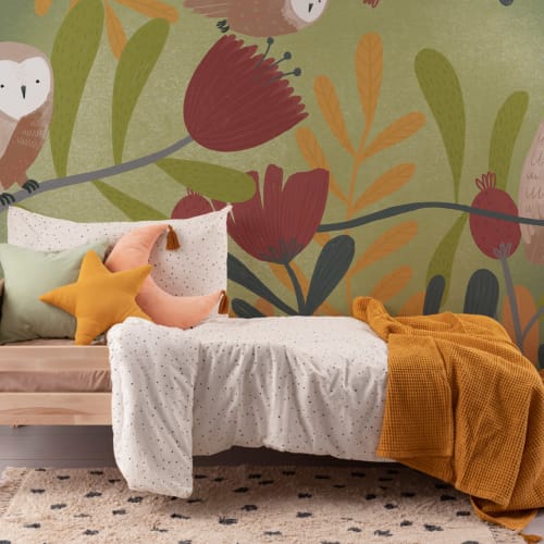 Colourful Pencil Sketch Owl & Flowers Wallpaper Mural