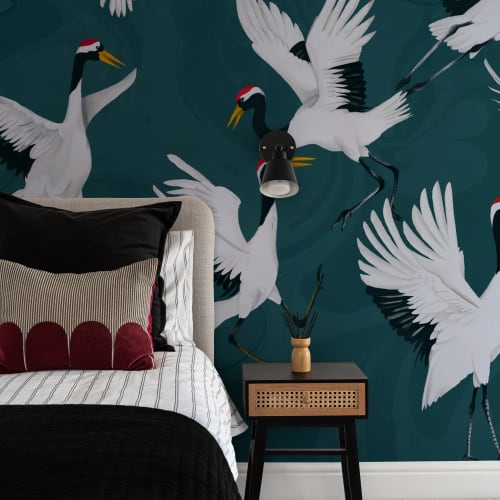 Flying Japanese Cranes Teal Painted Wallpaper Mural