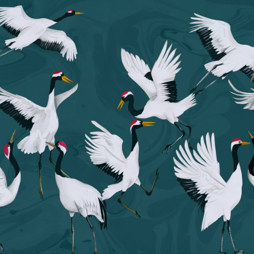 Flying Japanese Cranes Teal Painted Wallpaper Mural