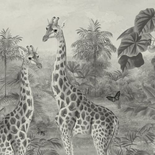 Murală cu ilustrație cu girafe tropicale de epocă gri
