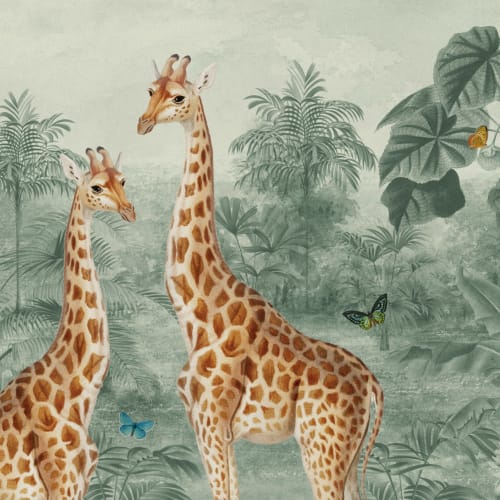 Green Vintage Tropical Giraffe Illustration Mural