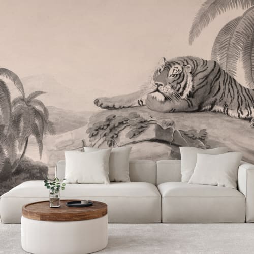 Grey Illustrated Tropical Landscape Tiger Mural