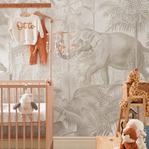 Neutral Asian Jungle Animals Watercolor Mural