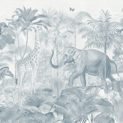 Blue Asian Jungle Animals Watercolor Mural