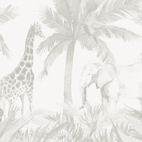 Neutrale muurschildering met aquarel jungle behang voor kinderkamer