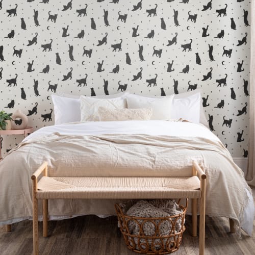 Black Cat Moon & Stars Pattern Wallpaper Mural