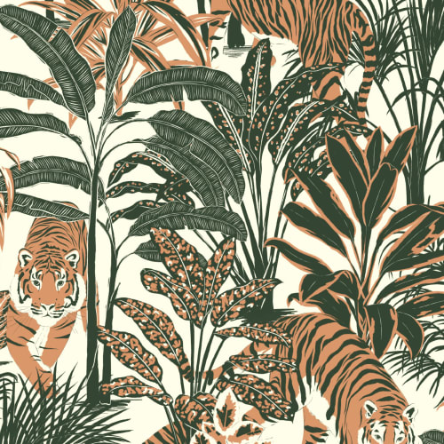 Tropical Tiger Jungle Plants Repeat Pattern Wallpaper