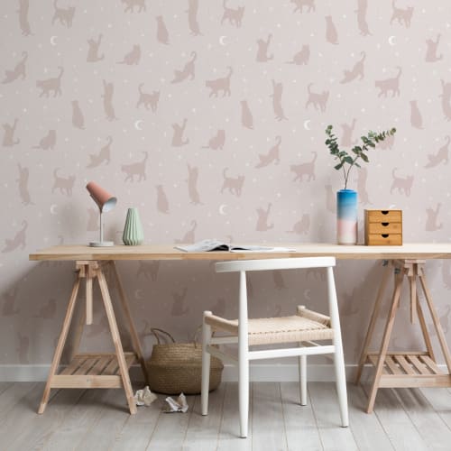 Pink Cat Moon & Stars Pattern Mural