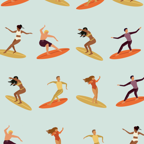 Carta da Parati Colorata Retrò con Motivo di Surfisti