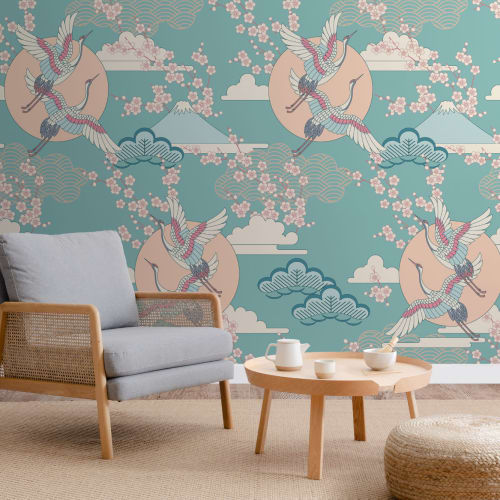 Green & Pink Oriental Sky Wallpaper Mural