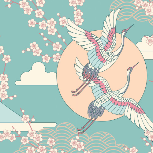 Green & Pink Oriental Sky Wallpaper Mural