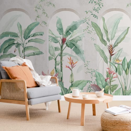 Papier Peint Panoramique Biophilique en 3D avec Plantes et Effet Béton
