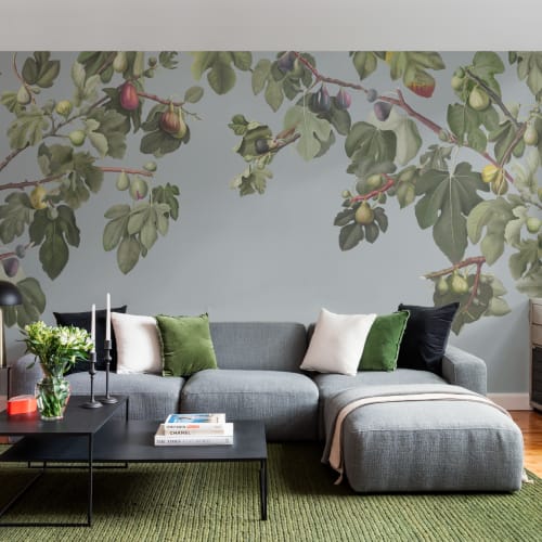 Vintage Fig Plant Botanical Illustration Wall Mural on Blue Background
