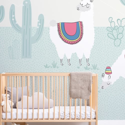 Cool Blue Exotic Llama Cactus Wallpaper Mural