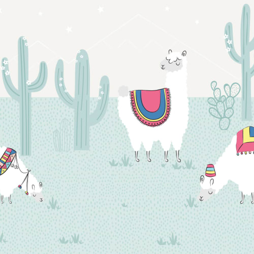Cool Blue Exotic Llama Cactus Wallpaper Mural