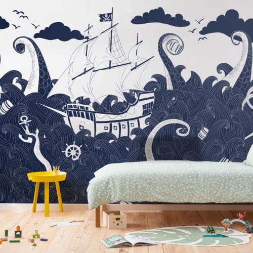 Mural Papel Pintado Infantil Blanco y Azul Oscuro con Barco Pirata