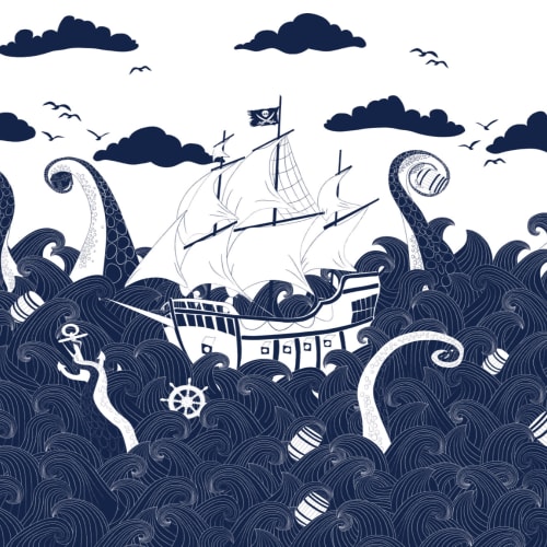 Mural Papel Pintado Infantil Blanco y Azul Oscuro con Barco Pirata