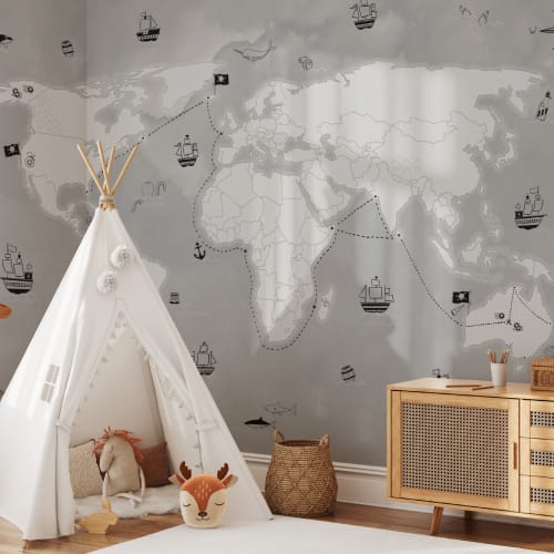 Mural Papel Pintado Gris con Mapa del Tesoro Pirata