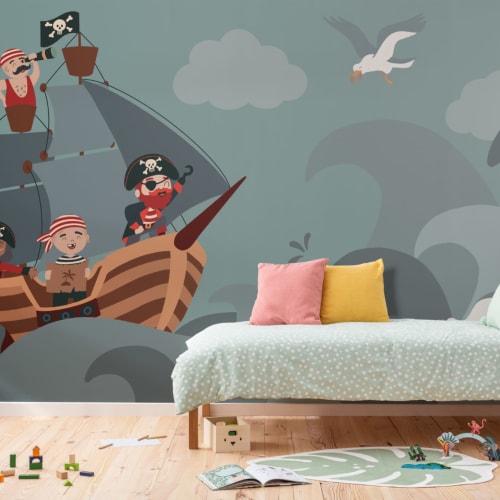 Mural Papel Pintado Infantil Ilustrado con Barco y Tripulación Pirata