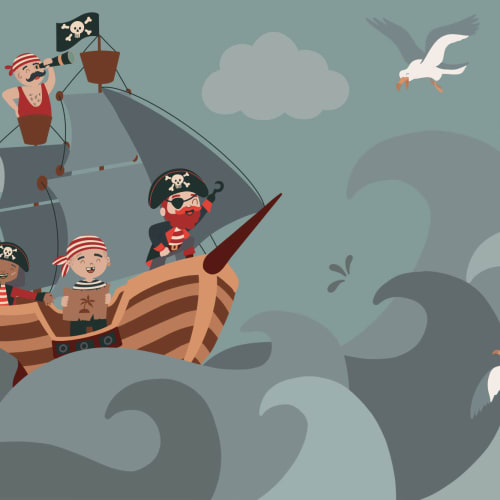Mural Papel Pintado Infantil Ilustrado con Barco y Tripulación Pirata