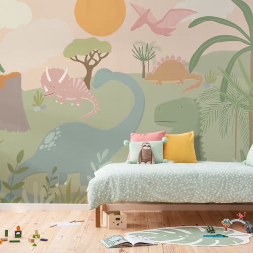 Coole Kinder Cartoon Dinosaurier Landschaft Fototapete