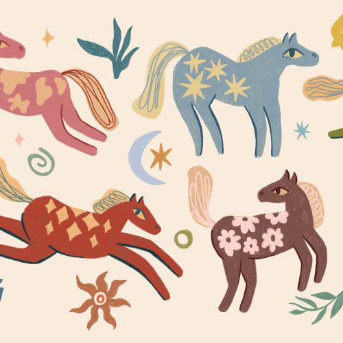 Carta da parati multicolore con animali Pony per bambini